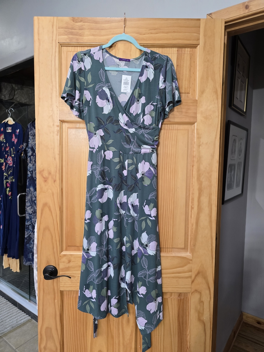West Kei Green Wrap Midi Dress with Lavender Floral Print
